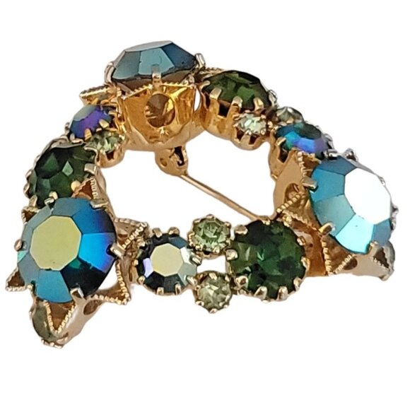 Signed Austria Gold Tone Blue Green Rhinestone Heart Brooch M469 - Picture 4 of 9